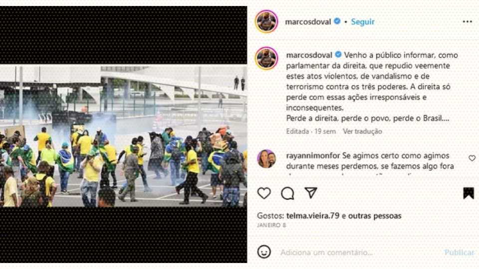Print de post em que o senador Marcos do Val critica o comportamento de eleitores de direita durante os atos de 8/1