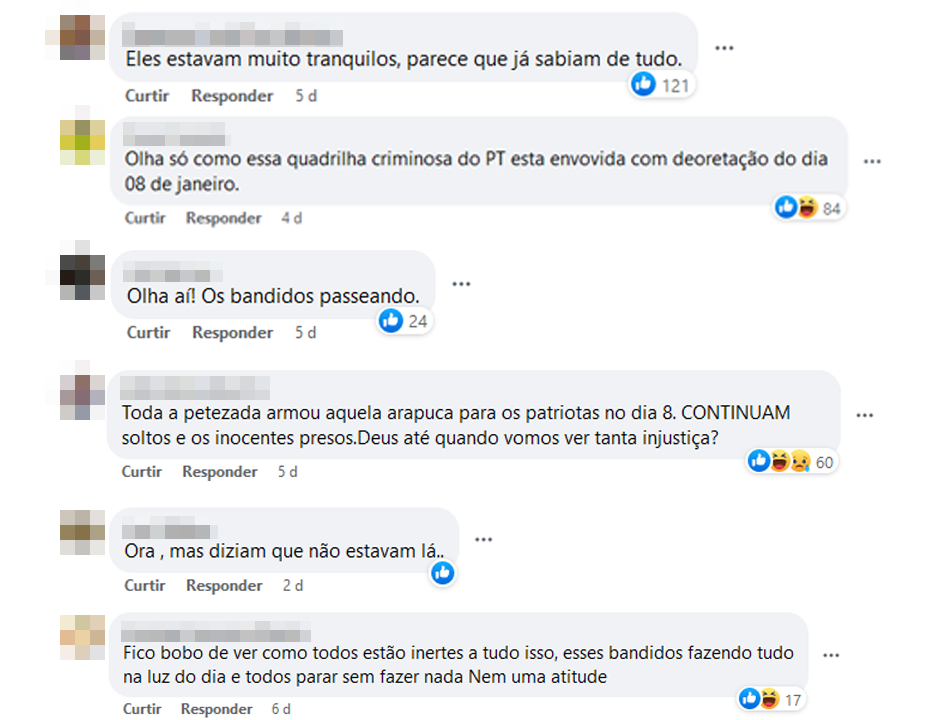 Exemplos de comentários de usuários do Facebook que acreditaram que vídeo mostrava que os políticos estavam no Palácio do Planalto no momento da invasão no 8 de janeiro