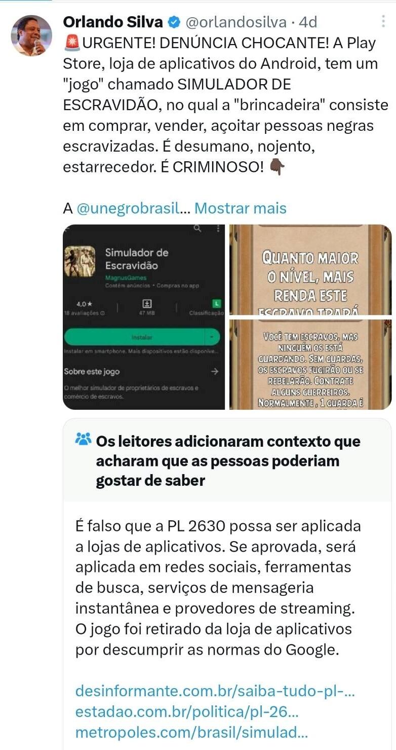 Print mostra tuíte do deputado Orlando Silva e nota dos usuários do Twitter que diz que mensagem contém desinformação