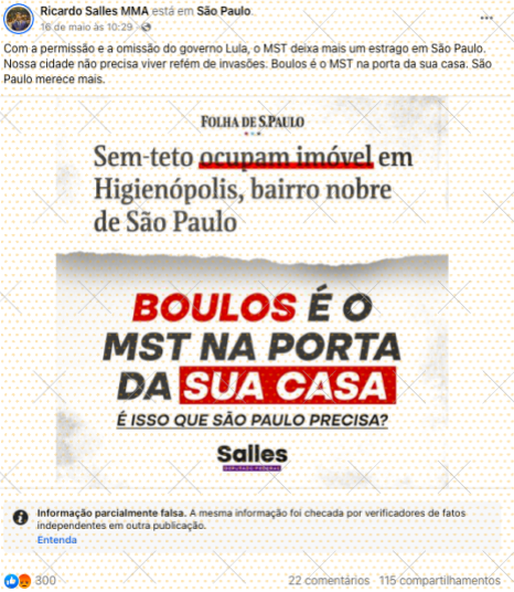 Publicação marcada como parcialmente falsa de Ricardo Salles culpa MST por ocupação do MTST e ataca o deputado Guilherme Boulos (PSOL-SP)