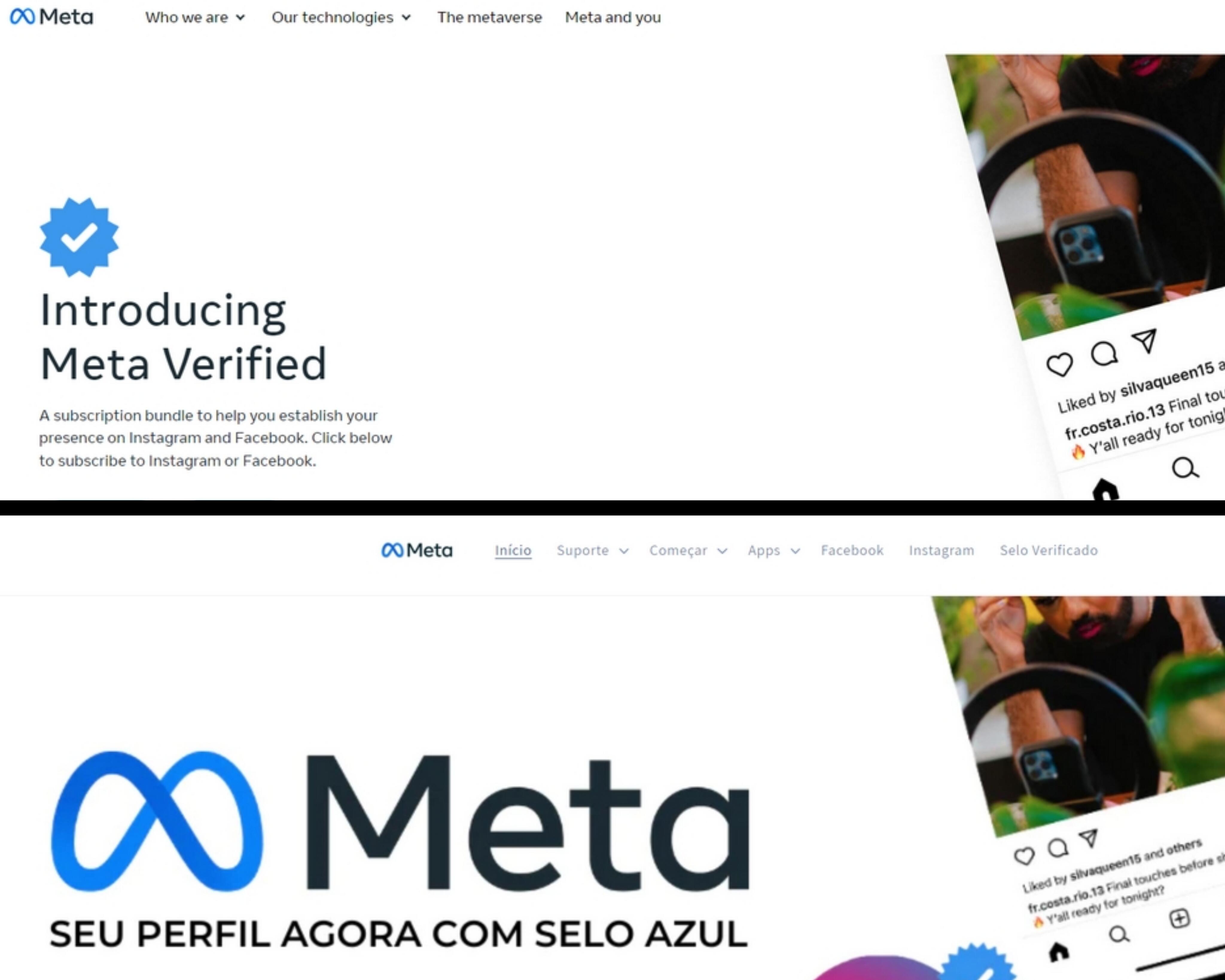 Comparativo mostra semelhança entre o site original do programa Meta Verified (acima) e o site golpista (abaixo) (Reprodução)