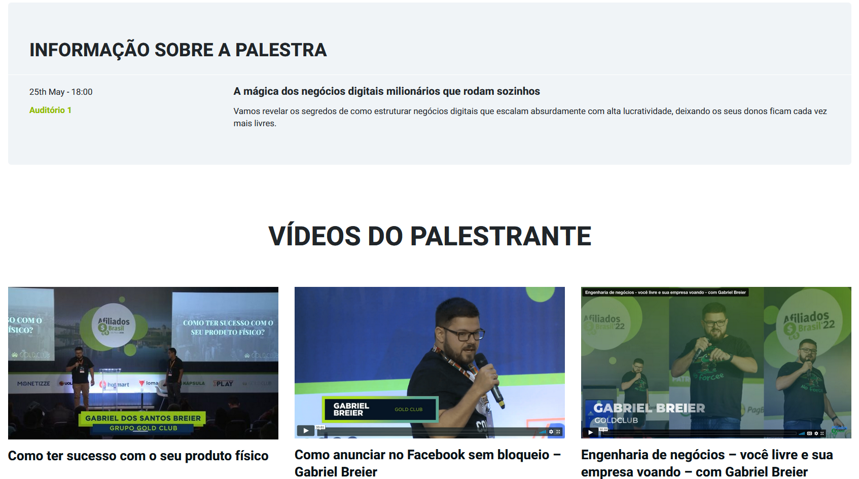 Site do evento Afiliados Brasil mostra que Gabriel Breier foi um dos palestrantes e teria ensinado como anunciar no Facebook sem bloqueios