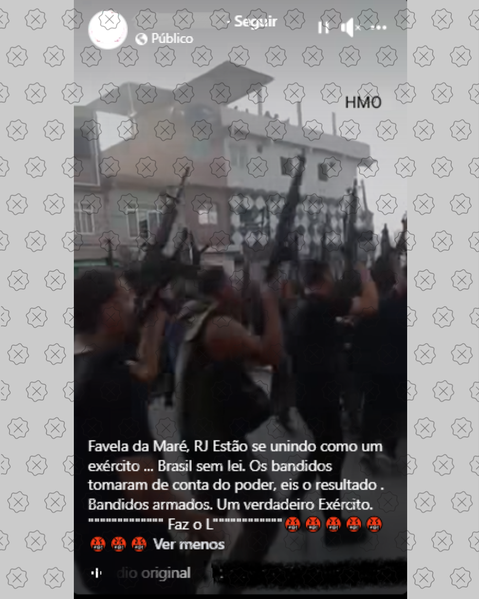 Publicações usam cenas de gravação de série no Complexo da Maré (RJ) para alegar que criminosos fortemente armados tomaram as ruas do local