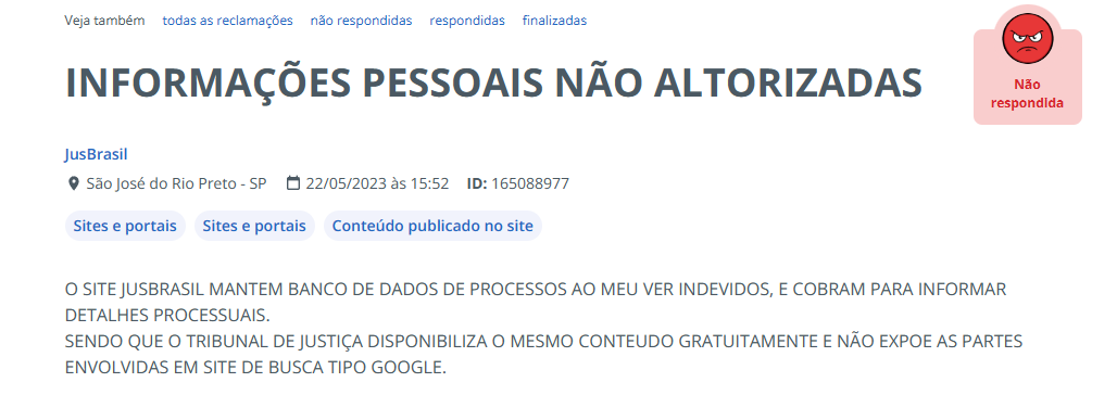 Captura de tela do Reclame Aqui mostra comentário de usuário que critica o Jusbrasil por ‘expor as partes envolvidas’ em processos judiciais na busca do Google
