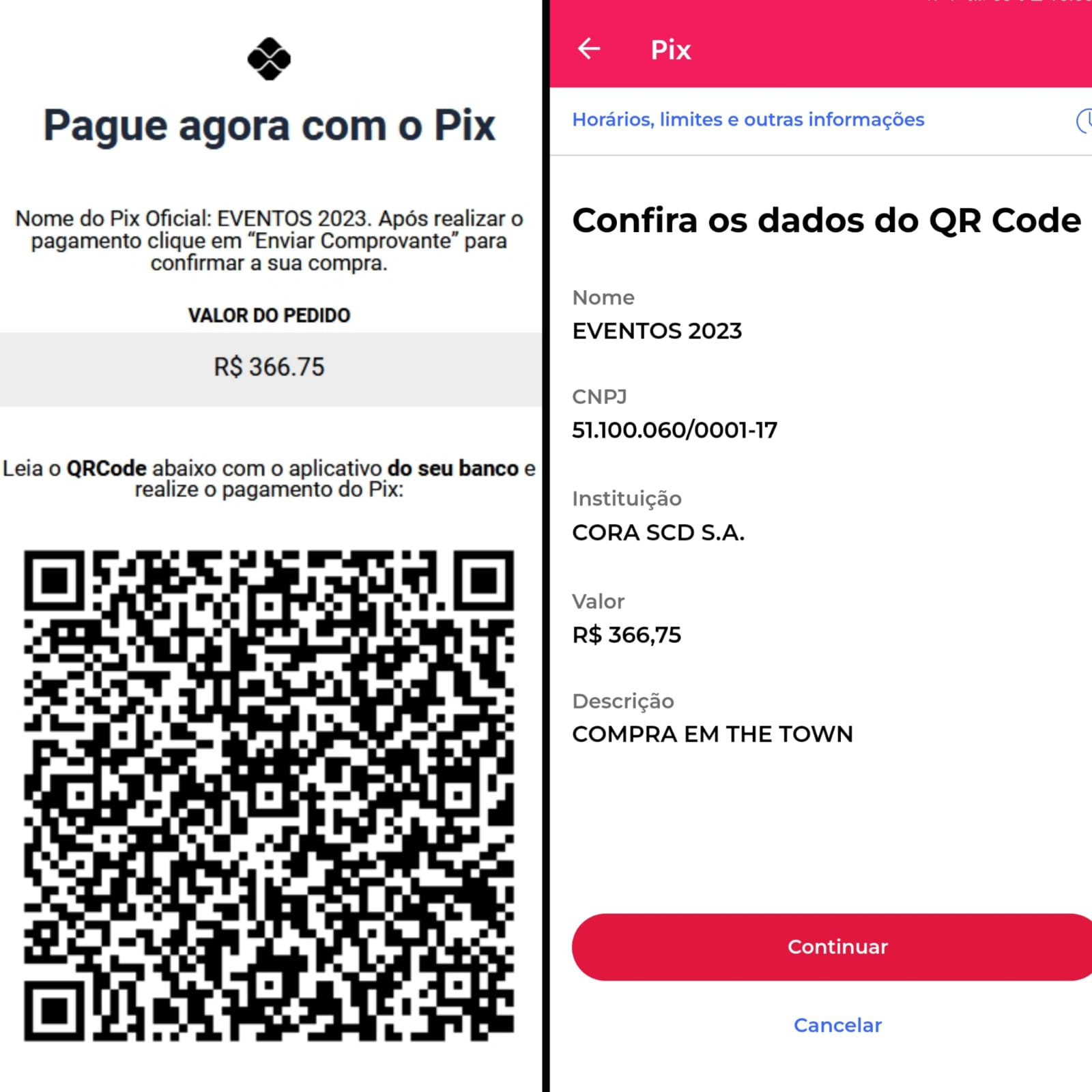 Prints mostram dados bancários de transação realizada no site thetownsaopaulo.com com participação da empresa Eventos 2023, a mesma envolvida no golpe dos shows de Taylor Swift