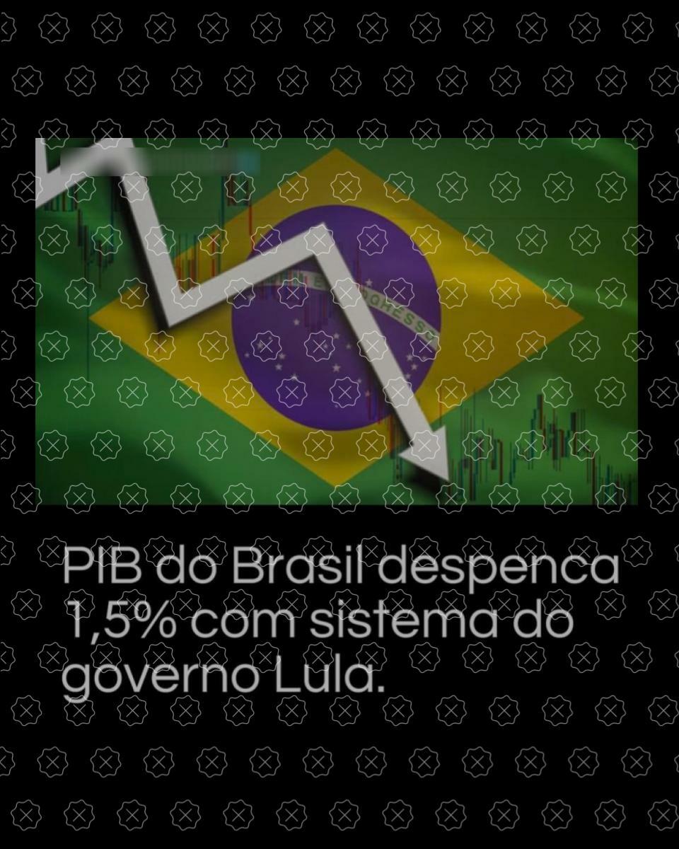 Print de post com imagem da Bandeira do Brasil atravessada com uma seta simbolizando queda com legenda enganosa que diz que PIB caiu 1,5% após Lula assumir o poder; na verdade, houve crescimento de 1,9% na comparação do 1° trimestre de 2023 contra o 4° trimestre de 2022