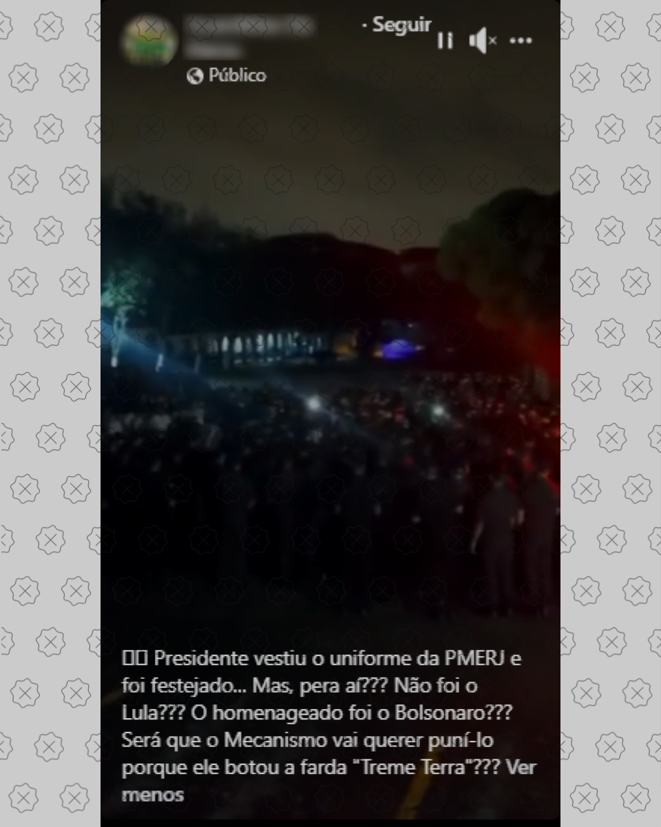 Vídeo engana ao alegar que o ex-presidente Jair Bolsonaro foi homenageado pela PMERJ. As gravações são da cerimônia de despedida de um comandante da instituição.