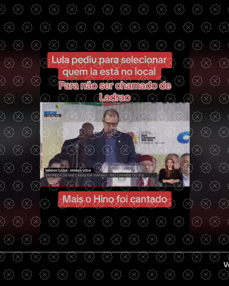 Imagem mostra print de vídeo no TikTok que usa discurso de Lula com áudio manipulado para dar a entender que ele foi vaiado e chamado de “ladrão”, o que é mentira.