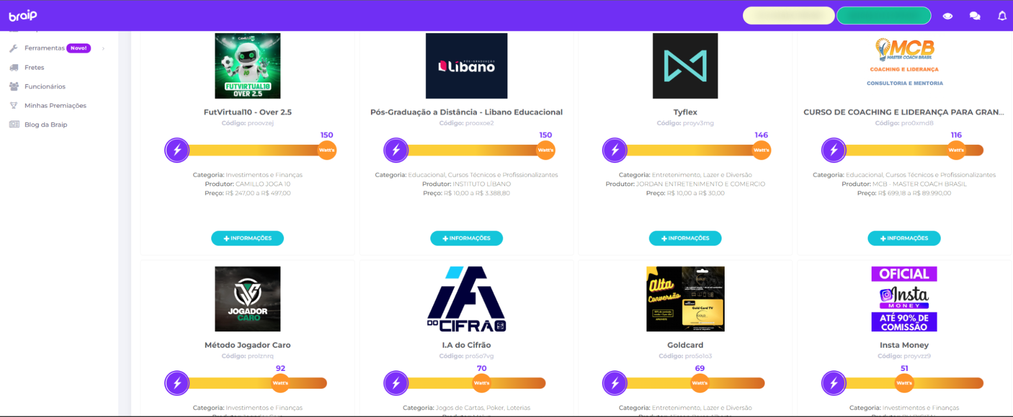 Página da Braip mostra os 8 produtos com maior potencial de vendas. O oitavo é o Insta Money, com nota 51. O anúncio do produto oferece “até 90% de comissão”