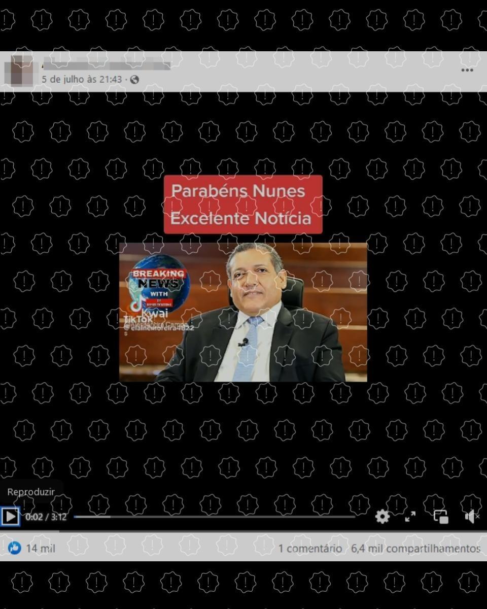 Print de vídeo publicado no Facebook no dia 5 de julho que mostra foto do ministro Kássio Nunes Marques junto da legenda Parabéns Nunes Excelente Notícia