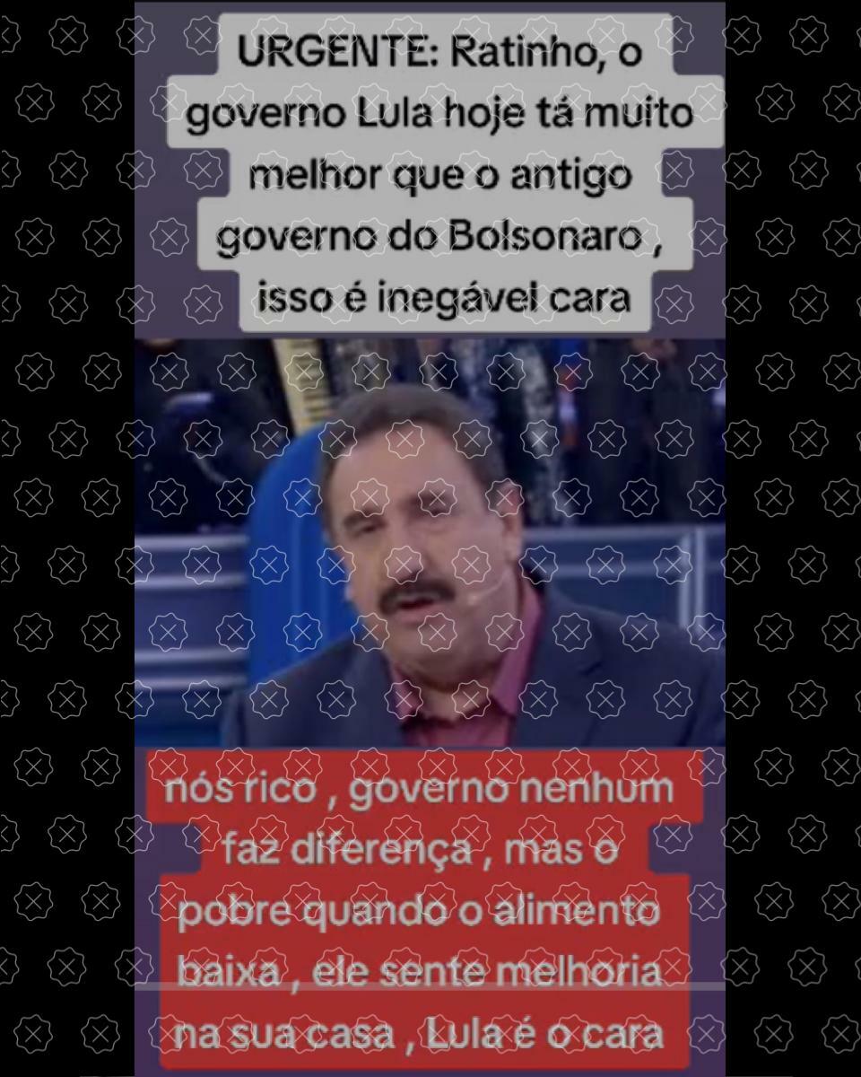 Imagem atribui falsamente ao apresentador Ratinho, do SBT, discurso de que o governo Lula é melhor do a gestão do ex-presidente Jair Bolsonaro