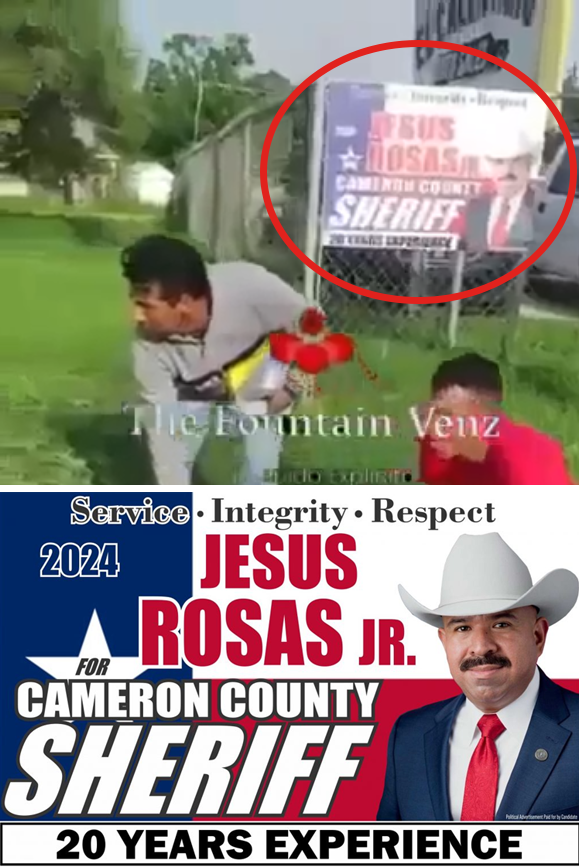 A comparação é formada por duas imagens: acima, um print do vídeo que mostra ao fundo um cartaz da campanha de Jesus Rosas Jr. para xerife do condado Cameron, no Texas; abaixo, o cartaz oficial da campanha 