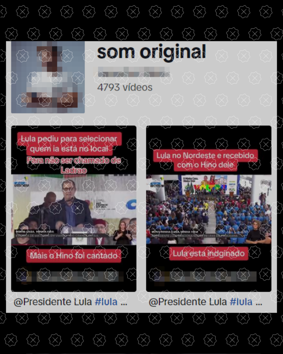 Print de posts de diversos vídeos com áudio com vaias e gritos de “Lula, ladrão, seu lugar é na prisão” no TikTok usado milhares de vezes na plataforma