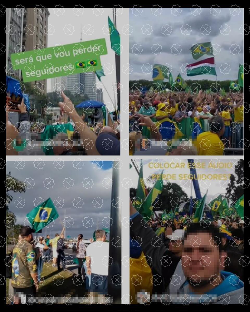 Conjunto de prints que mostram manifestações contrárias ao Lula (PT) e favoráveis ao Jair Bolsonaro (PL) que tiveram áudio sobreposto ao som original do protesto.