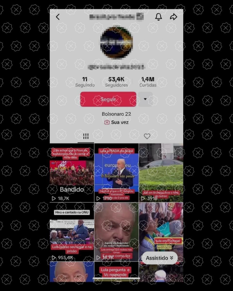 Print de perfil que hospeda dezenas de vídeos com áudios manipulados para atacar Lula