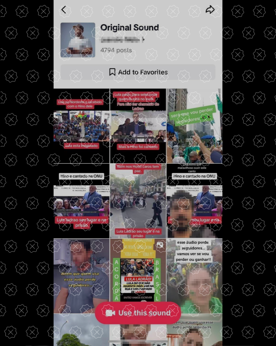 Print da página áudio original mostra o total de 4.794 posts que usaram o áudio com vaias e gritos de Lula, ladrão. Na parte inferior da tela, botão incentiva usuários a utilizarem o áudio desinformativo.