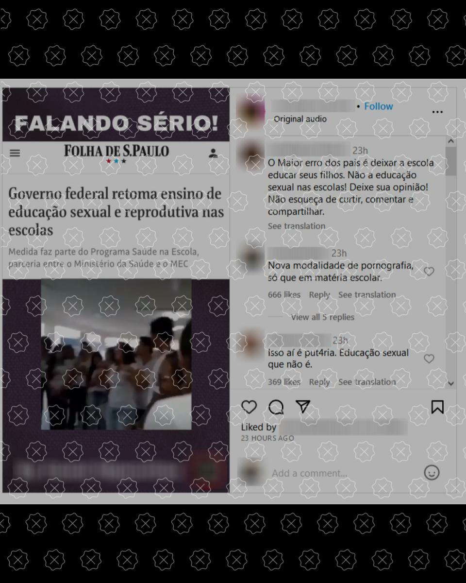 Print de post com título de reportagem do jornal Folha de S.Paulo “Governo federal retoma ensino de educação sexual e reprodutiva nas escolas” e comentários negativos