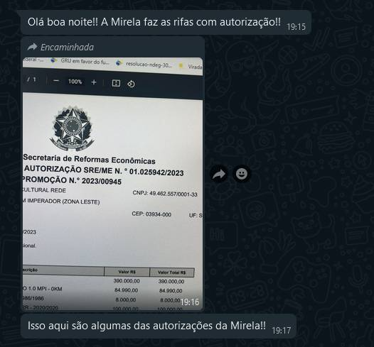 Imagem mostra captura de tela de suposta autorização das rifas realizadas por Mirela Janis; documento, no entanto, não reflete as rifas já promovidas pela influenciadora.