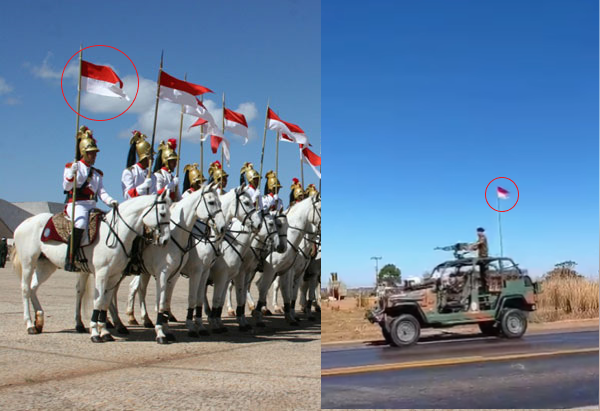 Montagem de fotos lado a lado confirmando que a bandeira exibida no vídeo representa a cavalaria do Exército. À esquerda, foto da cavalaria do Exército Brasileiro com destaque para o emblema. À direita, um frame do vídeo desinformativo, mostrando que a bandeira é a mesma em ambos os casos.