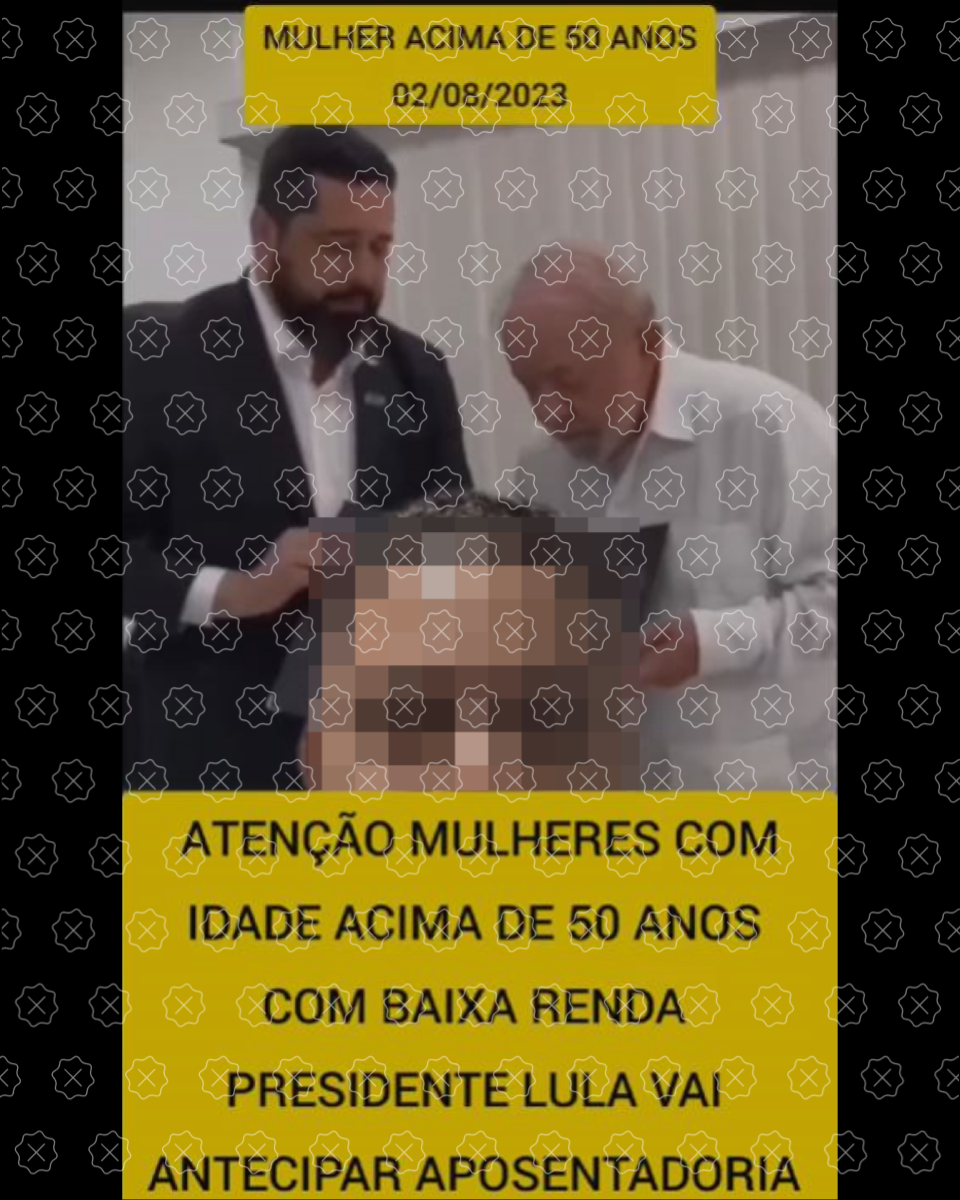 Ao fundo, imagem do presidente Lula assinando documento; em primeiro plano estão um homem e a legenda: atenção, mulheres com idade acima de 50 anos com baixa renda. Presidente Lula vai antecipar aposentadoria