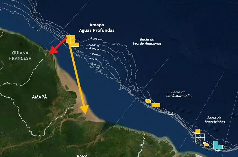 Mapa da bacia da foz do rio Amazonas mostra localização do poço exploratório FZA-M-59, que ficaria a 170 km da costa do Amapá e 500 km da foz do Amazonas