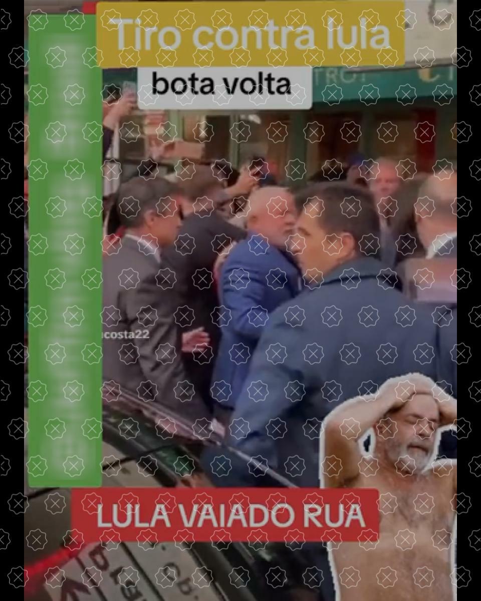 Print de post que mostra imagem do momento em que Lula sai de um restaurante em Portugal em novembro de 2022 e é cercado por apoiadores e seguranças. As peças checadas alegam que na ocasião Lula foi xingado e alvo de disparo de arma de fogo, o que não ocorreu