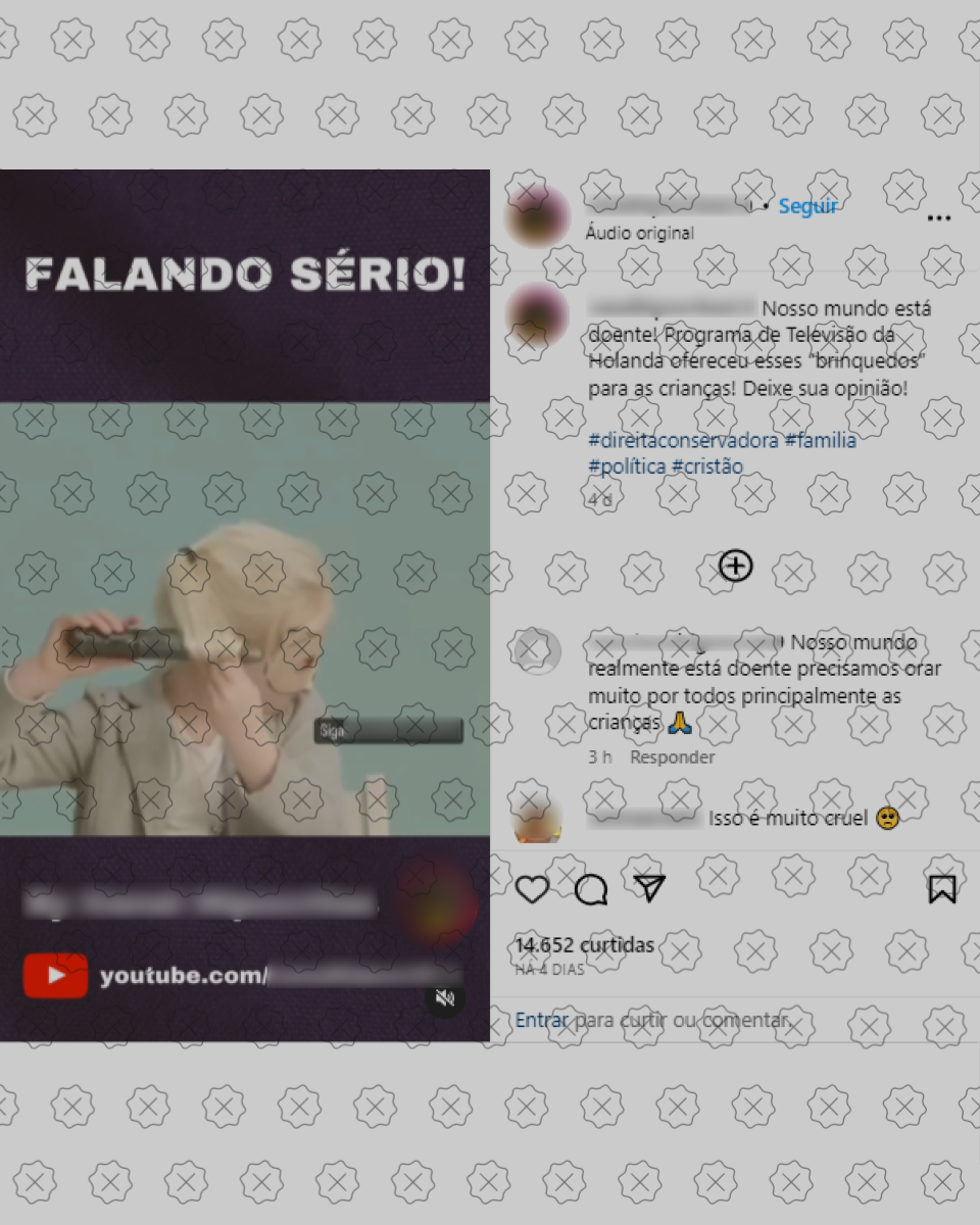 Print de postagem alegando que um programa de TV holandês teria oferecido brinquedos sexuais para crianças; na realidade, trata-se de uma filmagem fora de contexto de uma campanha contra exploração infantil feita pela ONG holandesa Free a Girl.