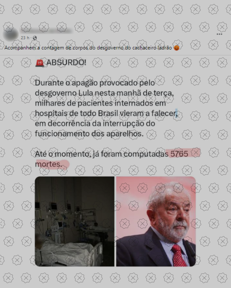 Print de postagem falsa alegando que apagão causou a morte de 5765 pacientes em decorrência da interrupção de funcionamento dos aparelhos.
