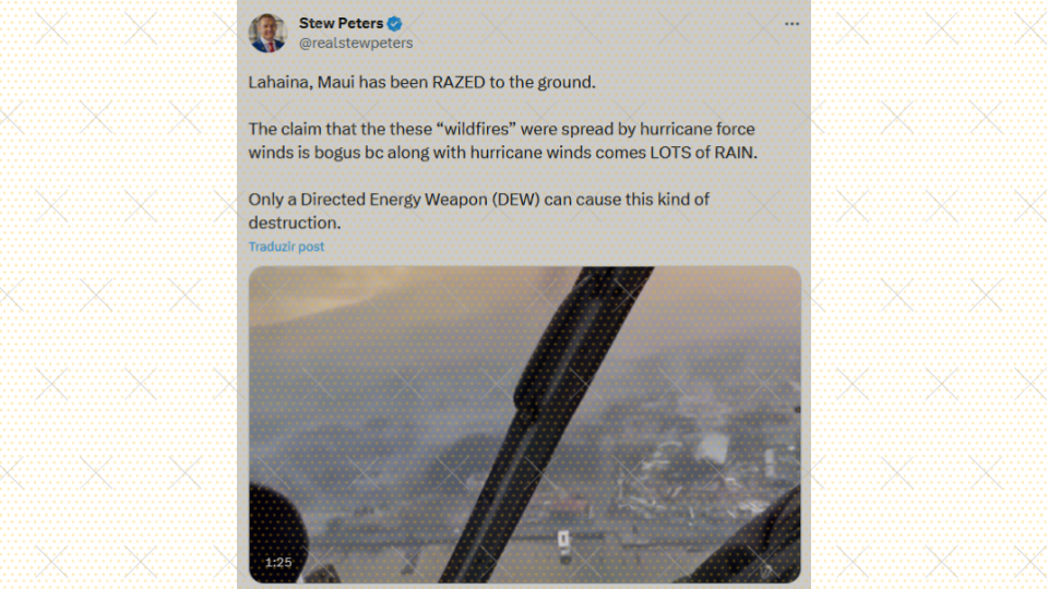Tweet do radialista Stew Peters alegando que os incêndios teriam sido causados por armas a laser