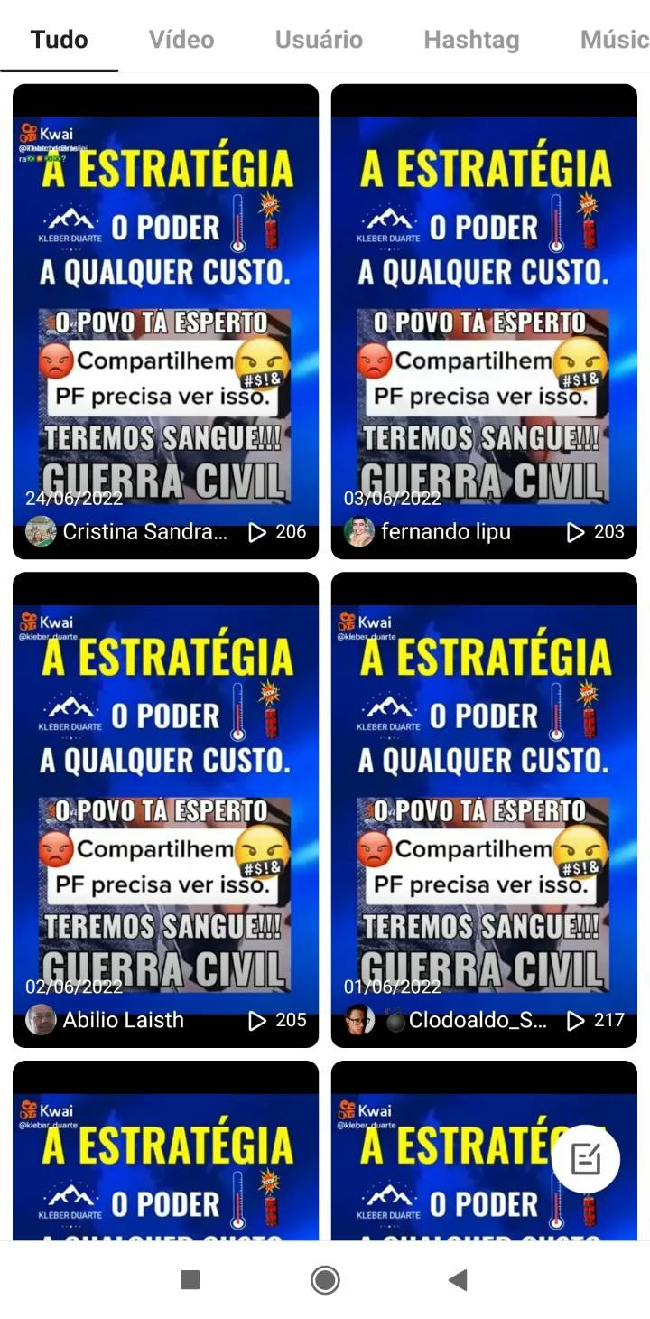 Print do Kwai mostra seis exemplos de vídeos publicados antes da mensagem de Bolsonaro.