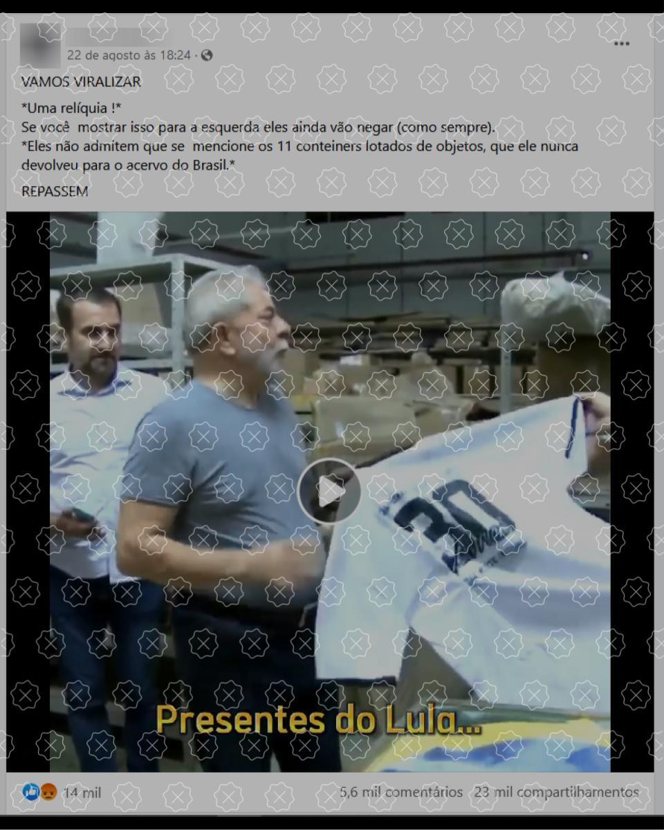 Post alega que Lula deixou de devolver 11 contêineres de objetos à União, o que é falso; vídeo difundido mostra visita de Lula em 2017 ao acervo pessoal de mais de 9.000 objetos recebidos durante mandatos presidenciais, sendo que ele foi obrigado a devolver apenas 434