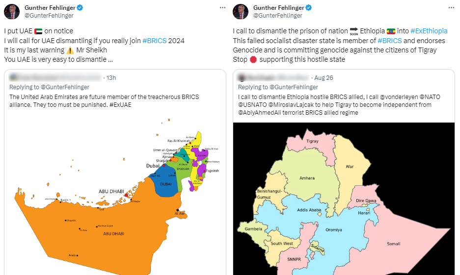 Postagens feitas pelo economista austríaco Günther Fehlinger, nas quais ele faz ameaças separatistas a Etiópia e Arábia Saudista em retaliação à adesão dos países ao bloco Brics.