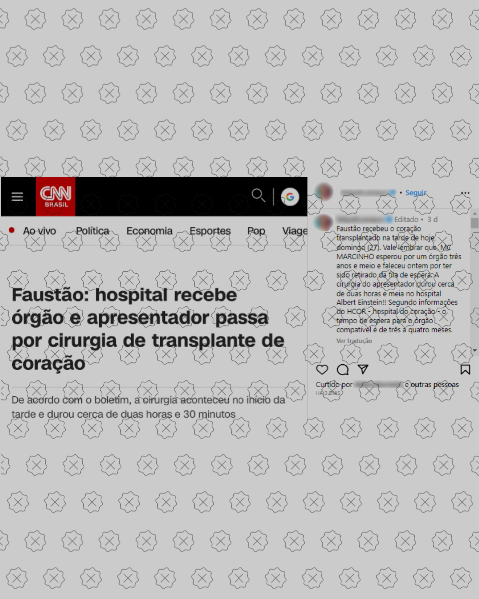  Print de postagem alegando que o funkeiro MC Marcinho esperou três anos e meio por um transplante de coração; na verdade, o cantor entrou na fila no dia 11 de julho deste ano.