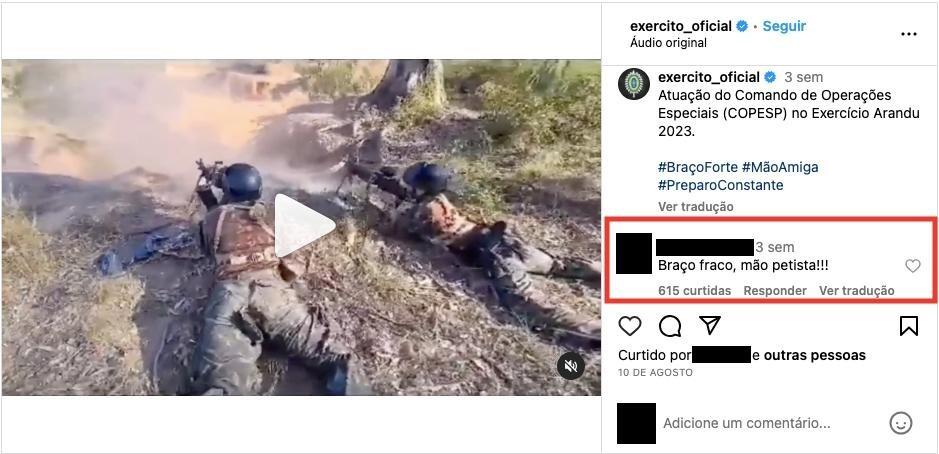 Comentário em publicação do Exército no Instagram faz trocadilho com slogan da instituição: 