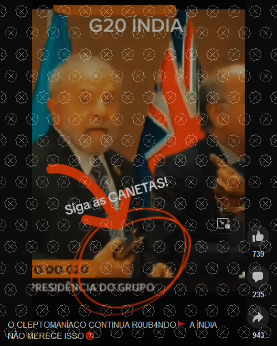 Vídeo em que Lula pega itens da mesa do G20 circula com legenda que sugere que petista teria roubado canetas