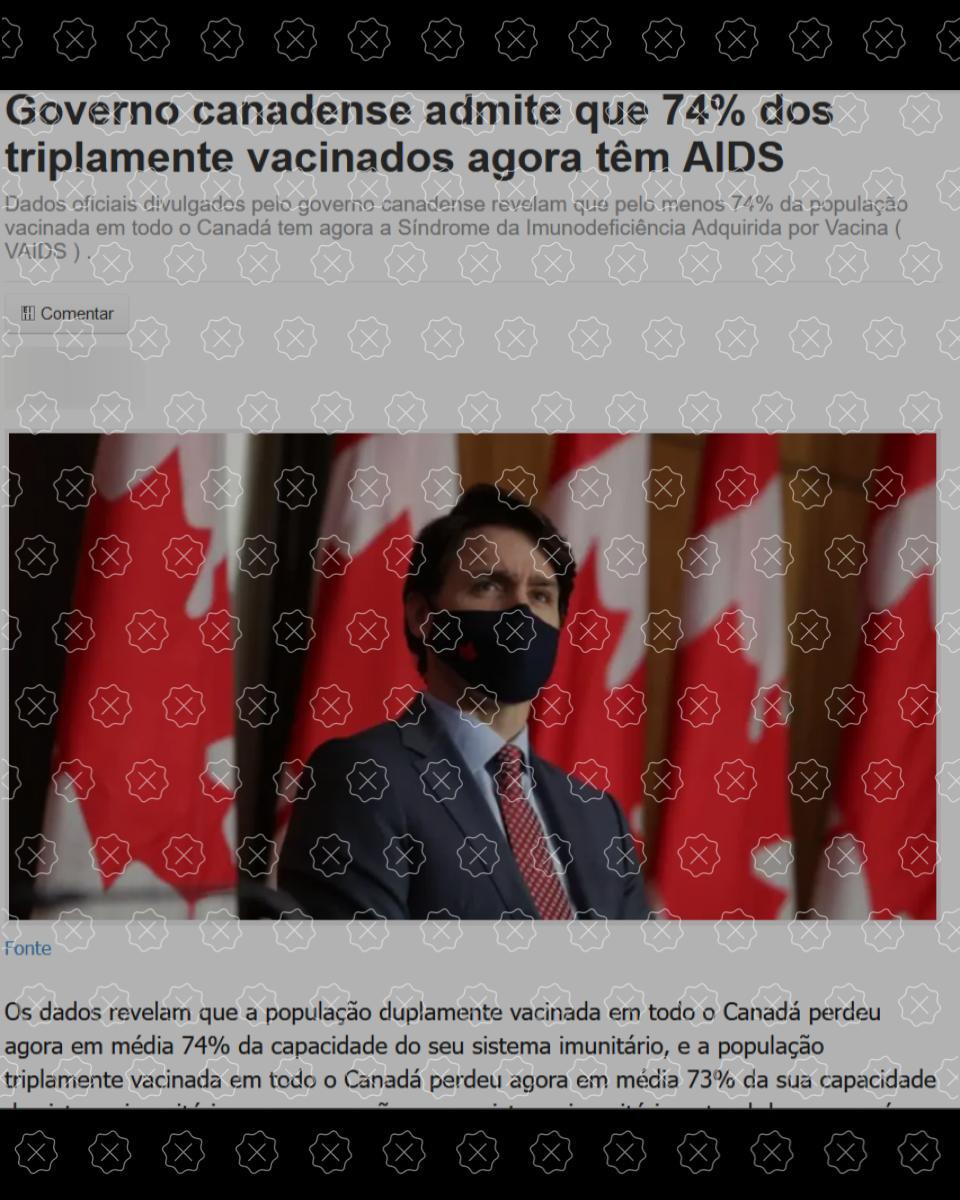 Captura de tela mostra uma das publicações enganosas que alegam que o governo canadense admitiu que 74% dos triplamente vacinados contraíram Aids, o que é falso.