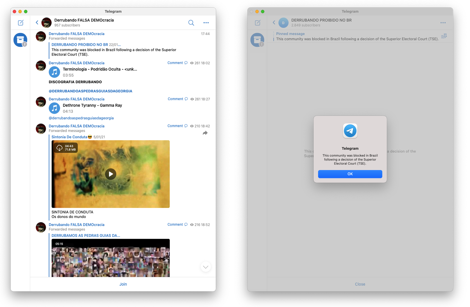 Captura de mensagens mostram canal de Telegram burlando moderação