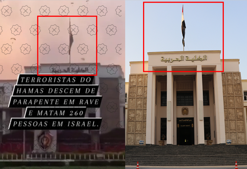 Imagem mostra semelhanças entre prédio mostrado no vídeo desinformativo e Academia Militar do Egito. São apontados detalhes como a bandeira do Egito hasteada no topo e a inscrição Academia Militar na fachada