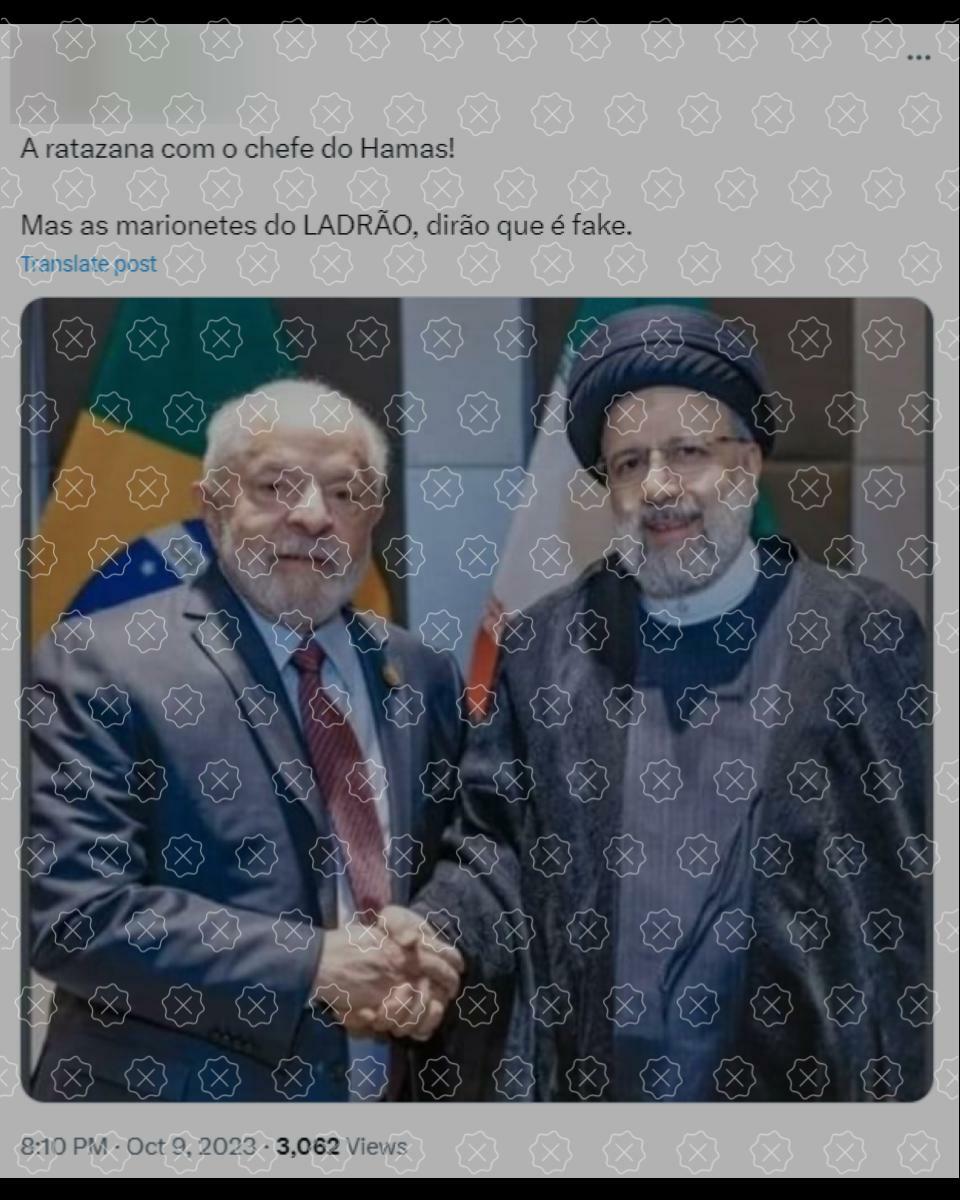 Foto em que Lula aperta a mão do presidente do Irã, Ebrahim Raisi, é compartilhada como se mostrasse brasileiro ao lado do chefe do Hamas