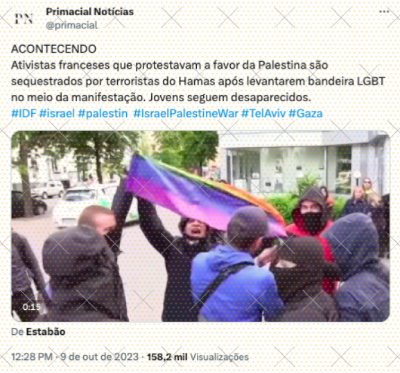 Publicação de página apócrifa no X dissemina desinformação sobre o conflito ao alegar que vídeo gravado na Ucrânia em 2017 que mostra manifestantes queimando bandeira LGBTQIA+ mostraria ato pró-Hamas.