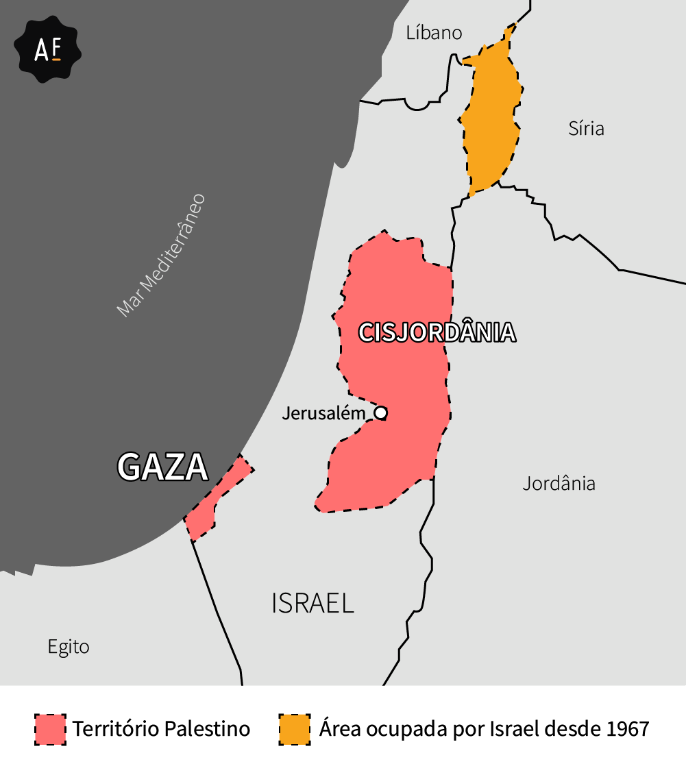 Mapa mostra território atual da Palestina e de Israel