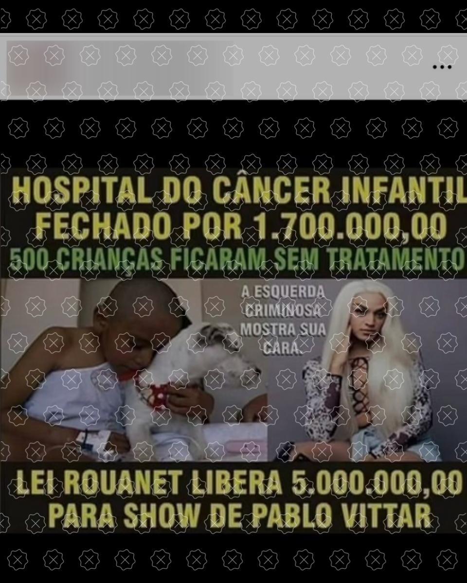 Posts enganam ao afirmar que Pabllo Vittar recebeu R$ 5 milhões via Lei Rouanet, enquanto o Hospital do Câncer Infantil foi fechado pela falta de R$ 1,7 milhão em verba