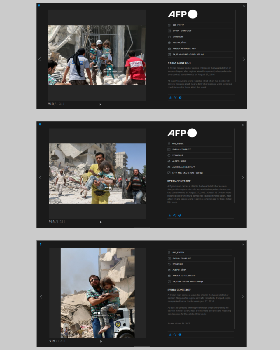 Print que mostra as imagens originais diretamente no arquivo da AFP após o bombardeio no dia 27 de agosto de 2016, na Síria. 