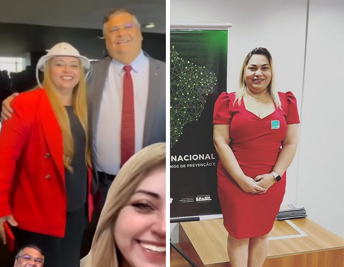 Comparação de duas fotos: do lado esquerdo, Dino abraça Virgínia Álvares; do lado direito, Luciane Farias está em pé, com vestido vermelho.