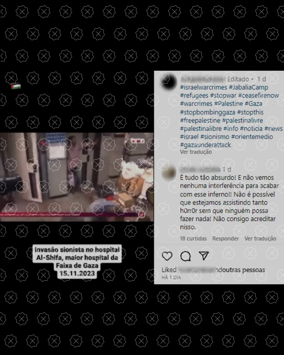 Publicação engana ao usar filmagem de tiroteio em hospital no Egito como se fosse de invasão israelense ao hospital Al-Shifa, na Faixa de Gaza