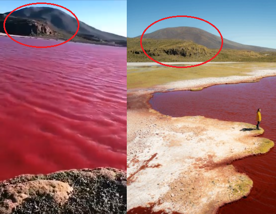 Comparativo com imagens lado a lado; à esquerda, frame do vídeo utilizado por peças desinformativas sobre o Rio Nilo e à direita foto na Laguna Roja, no Chile.