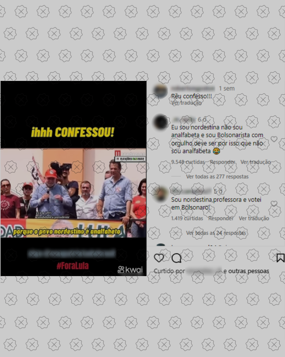 Publicação usa vídeo editado para fazer crer que Lula disse ter ganho as eleições apenas porque o povo nordestino é analfabeto