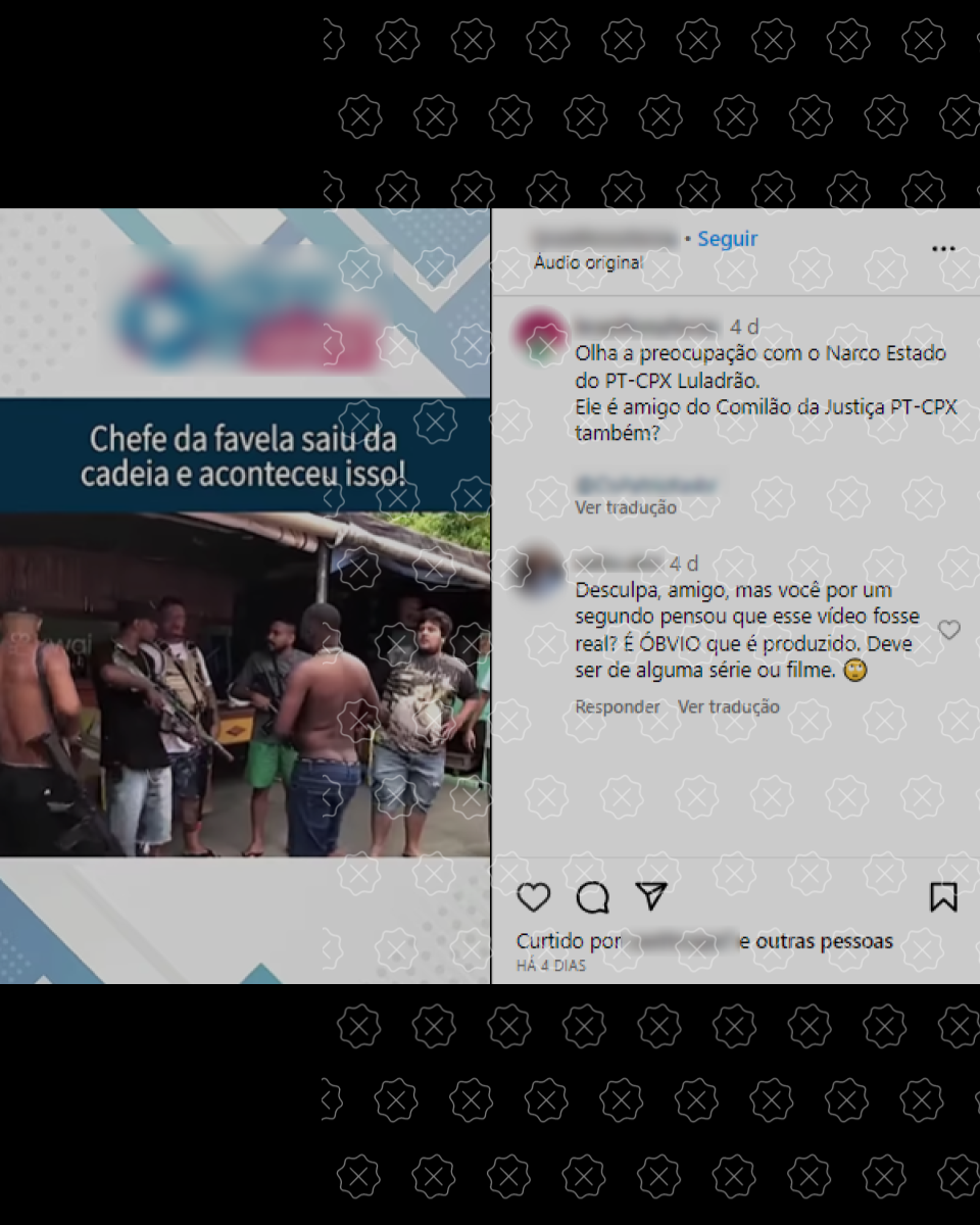 Publicações usam cenas de gravação da websérie Dois Lados como se fossem filmagens reais da recepção de um suposto chefe de favela por criminosos armados.