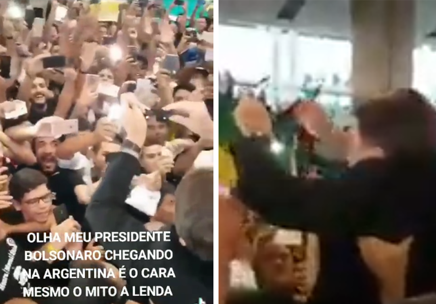 Dois frames mostram, de ângulos diferentes, cena em que Bolsonaro recebe óculos escuros