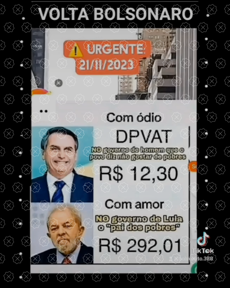 Vídeo faz falsa comparação de preços do DPVAT nos governos Lula (R$ 292,01) e Bolsonaro (R$ 12,30)